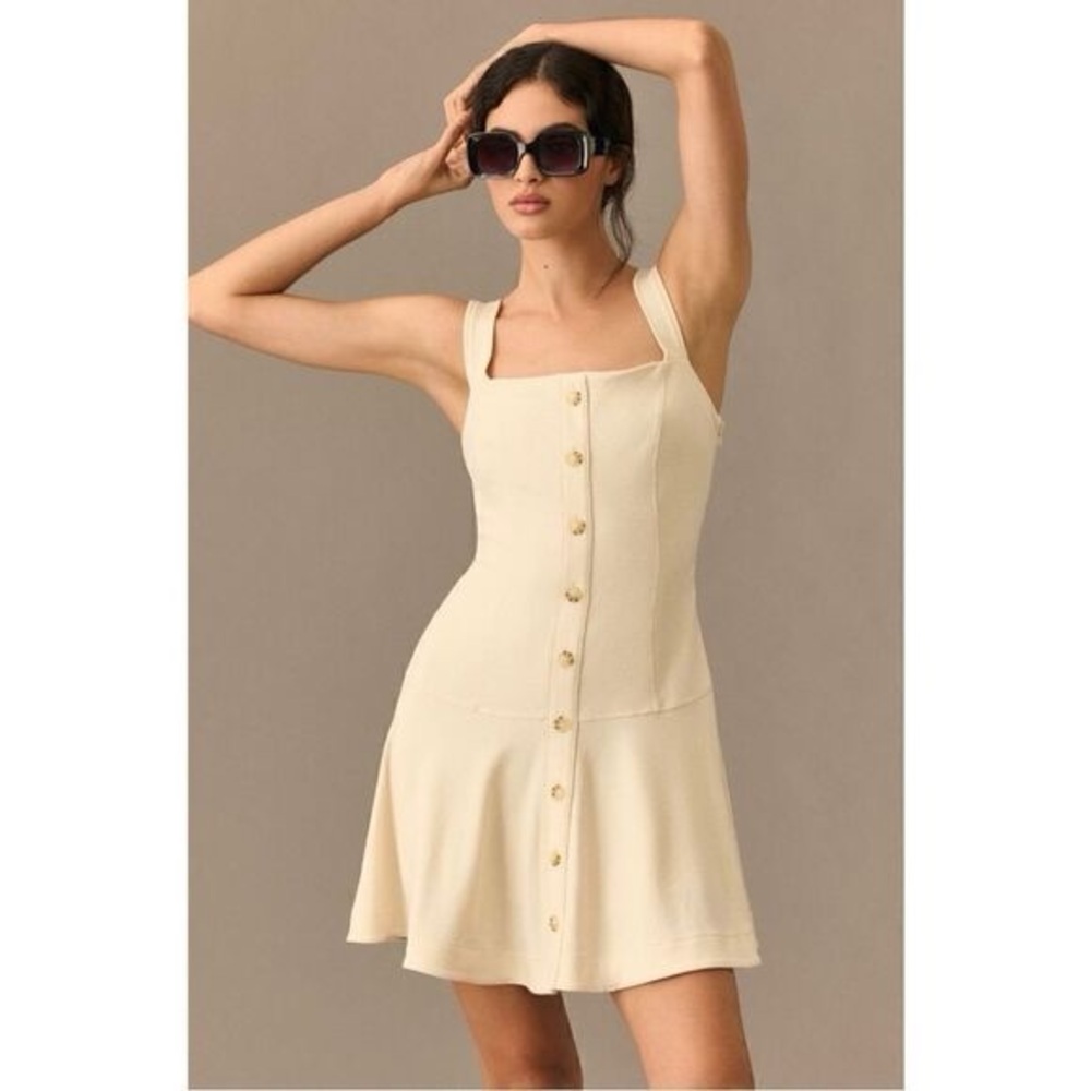 NWT Anthropologie Maeve Square Neck Cream Flounce Mini Dress, Size Large